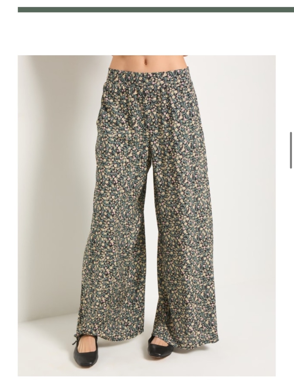 Floral Wide Leg Smocked Waist Pants - Green Floral